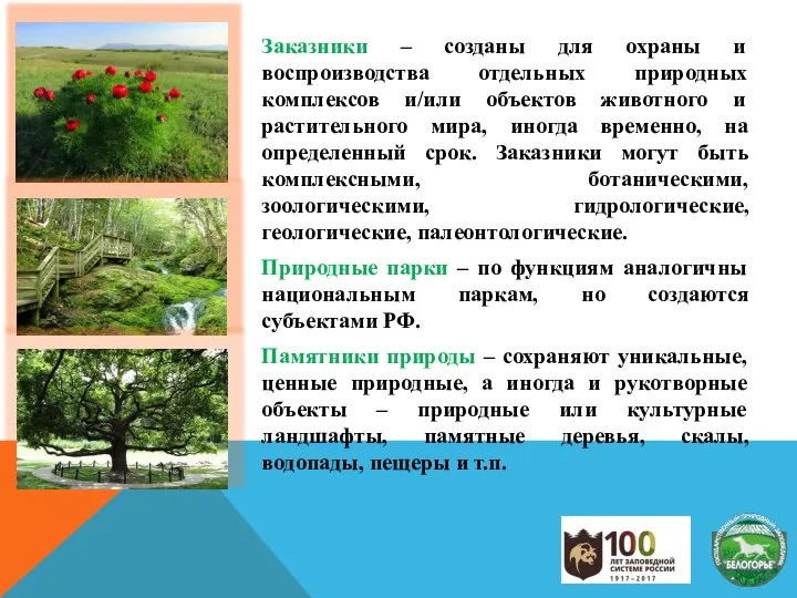 Заказники – созданы для охраны и воспроизводства отдельных природных комплексов и/или