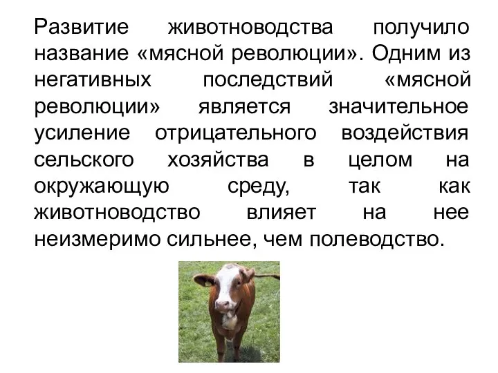 Развитие животноводства получило название «мясной революции». Одним из негативных последствий «мясной