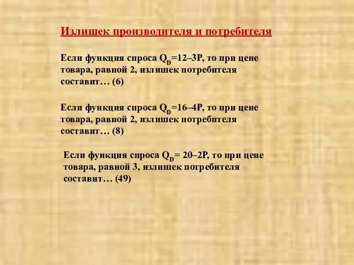 Излишек производителя и потребителя Если функция спроса QD=12–3P, то при цене