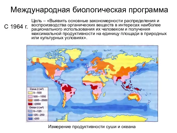 Международная биологическая программа Измерение продуктивности суши и океана С 1964 г.