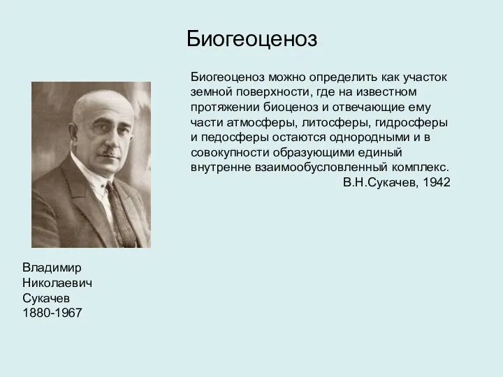 Биогеоценоз Владимир Николаевич Сукачев 1880-1967 Биогеоценоз можно определить как участок земной