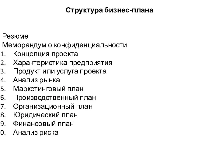 Структура бизнес-плана Резюме Меморандум о конфиденциальности Концепция проекта Характеристика предприятия Продукт