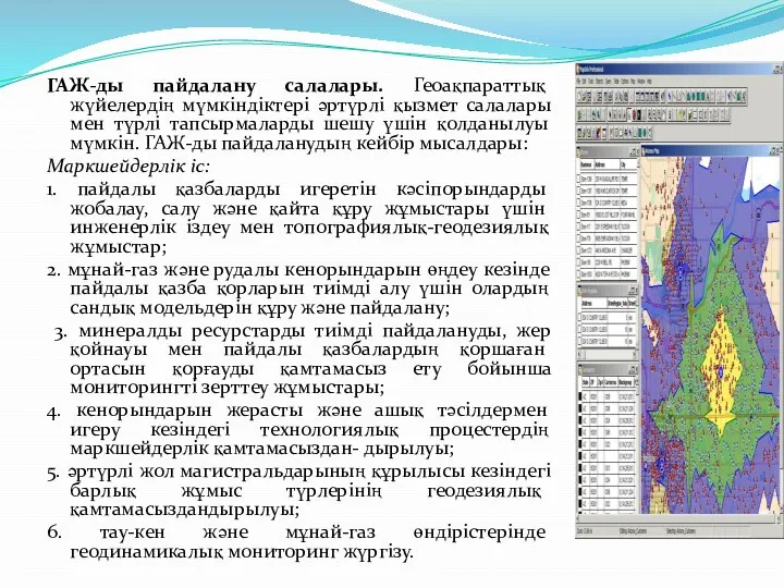 ГАЖ-ды пайдалану салалары. Геоақпараттық жүйелердің мүмкіндіктері әртүрлі қызмет салалары мен түрлі