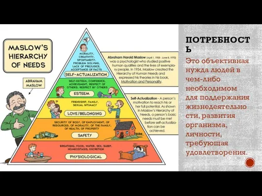 ПОТРЕБНОСТЬ Это объективная нужда людей в чем-либо необходимом для поддержания жизнедеятельности, развития организма, личности, требующая удовлетворения.