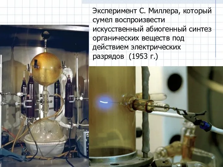 Эксперимент С. Миллера, который сумел воспроизвести искусственный абиогенный синтез органических веществ