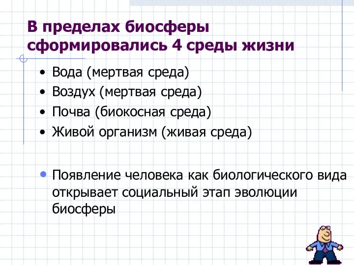 В пределах биосферы сформировались 4 среды жизни Вода (мертвая среда) Воздух