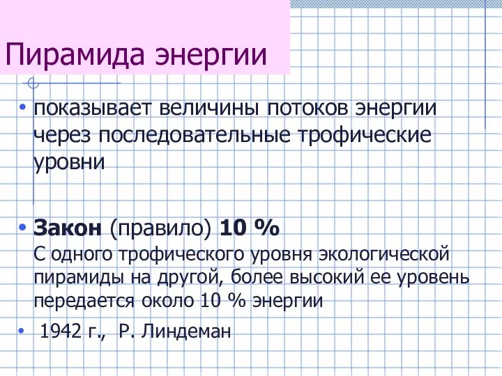 Пирамида энергии показывает величины потоков энергии через последовательные трофические уровни Закон