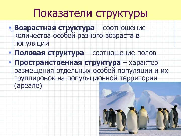 Показатели структуры Возрастная структура – соотношение количества особей разного возраста в