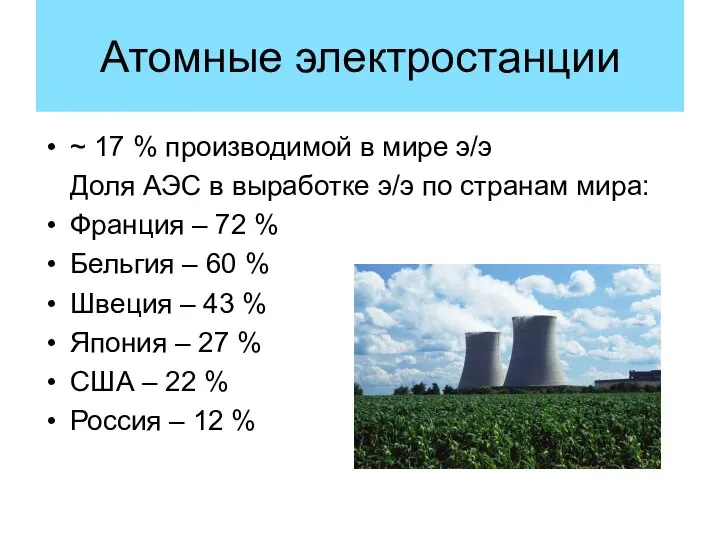 Атомные электростанции ~ 17 % производимой в мире э/э Доля АЭС