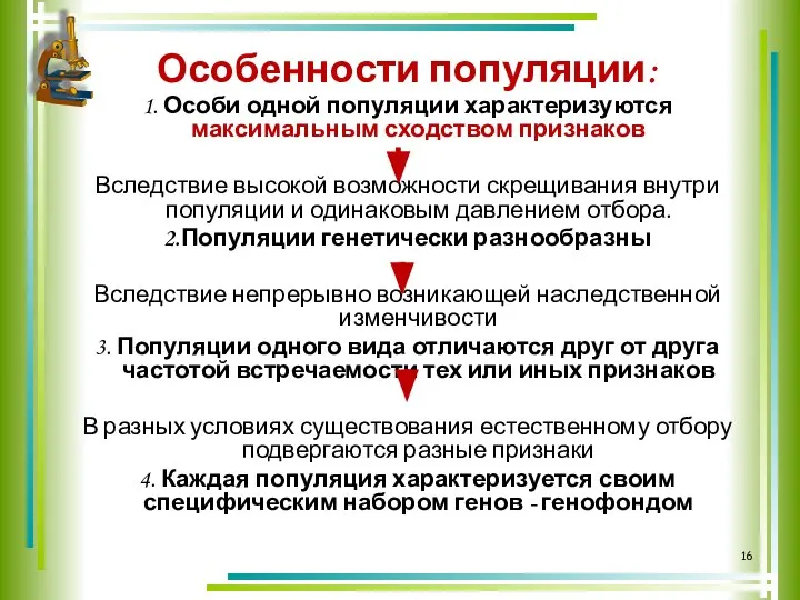 Особенности популяции: 1. Особи одной популяции характеризуются максимальным сходством признаков Вследствие