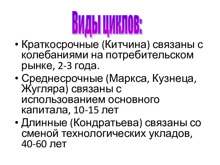 Краткосрочные (Китчина) связаны с колебаниями на потребительском рынке, 2-3 года. Среднесрочные