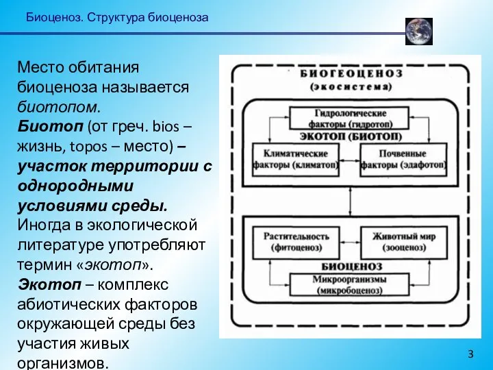 Биоценоз. Структура биоценоза Место обитания биоценоза называется биотопом. Биотоп (от греч.