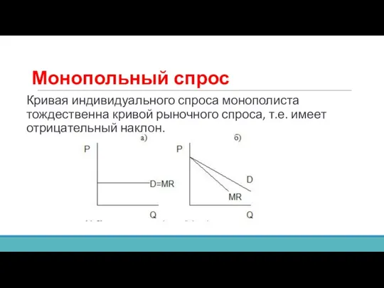 Монопольный спрос Кривая индивидуального спроса монополиста тождественна кривой рыночного спроса, т.е. имеет отрицательный наклон.