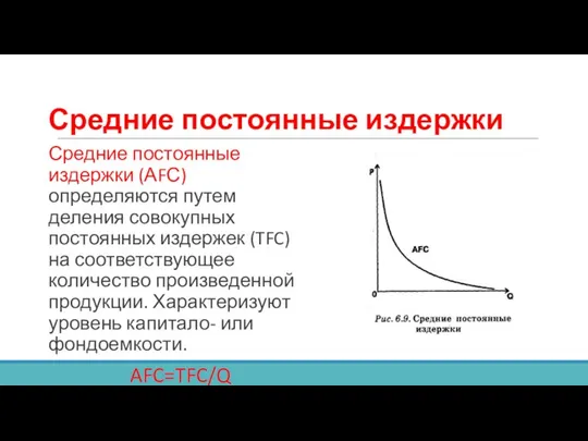 Средние постоянные издержки Средние постоянные издержки (АFС) определяются путем деления совокупных