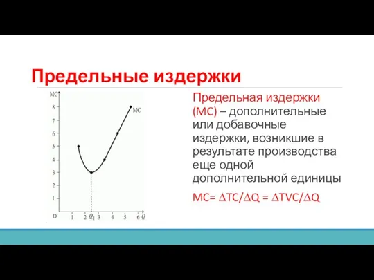 Предельные издержки Предельная издержки (MC) – дополнительные или добавочные издержки, возникшие