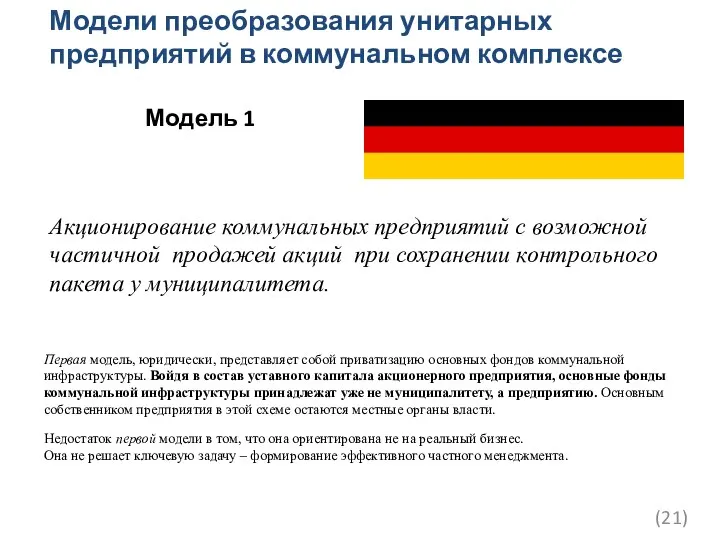 Модели преобразования унитарных предприятий в коммунальном комплексе Модель 1 Первая модель,