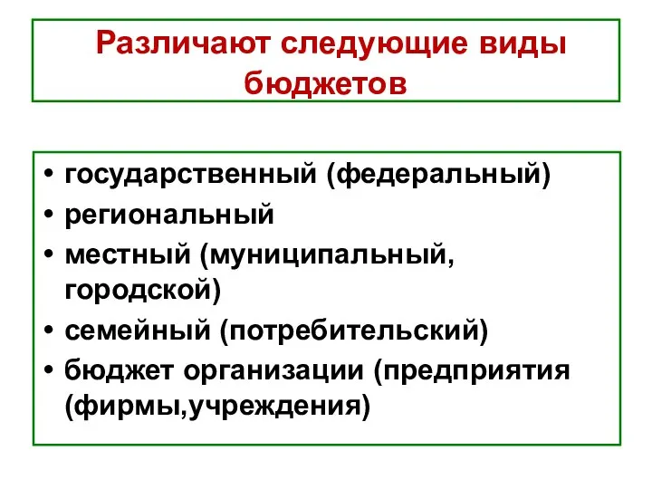 Различают следующие виды бюджетов государственный (федеральный) региональный местный (муниципальный, городской) семейный (потребительский) бюджет организации (предприятия (фирмы,учреждения)