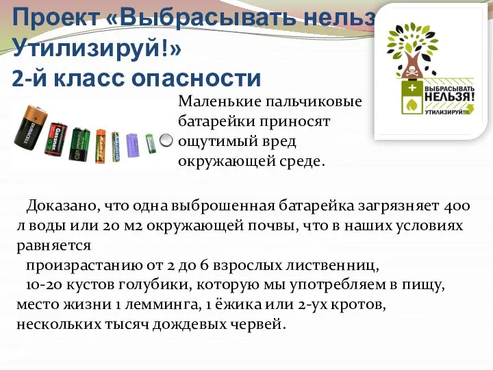 Проект «Выбрасывать нельзя! Утилизируй!» 2-й класс опасности Маленькие пальчиковые батарейки приносят