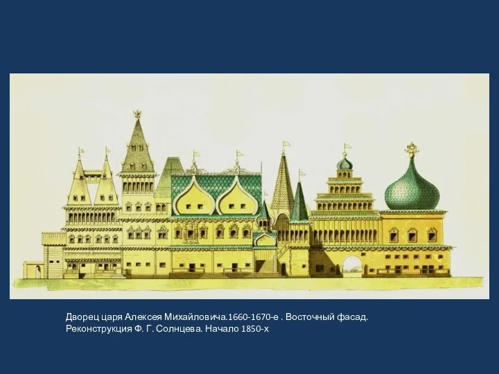 Дворец царя Алексея Михайловича.1660-1670-е . Восточный фасад. Реконструкция Ф. Г. Солнцева. Начало 1850-х