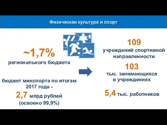 Физическая культура и спорт ~1,7% регионального бюджета бюджет минспорта по итогам