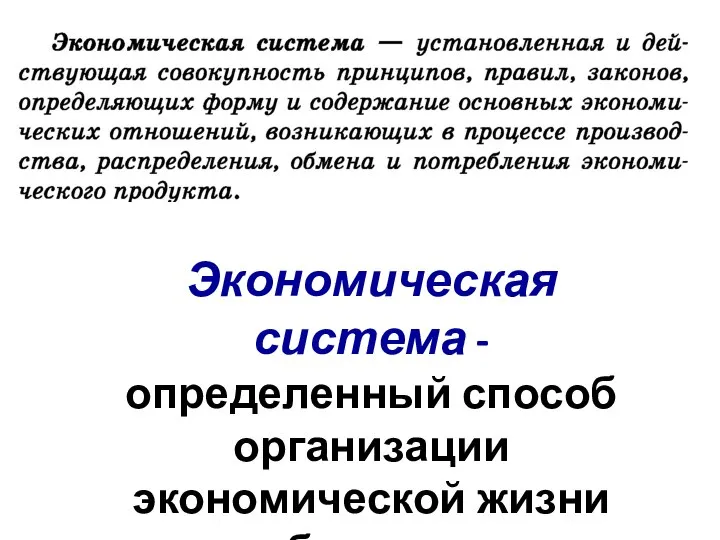 Экономическая система - определенный способ организации экономической жизни общества.