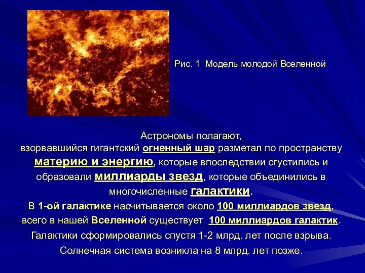 Рис. 1 Модель молодой Вселенной Астрономы полагают, взорвавшийся гигантский огненный шар