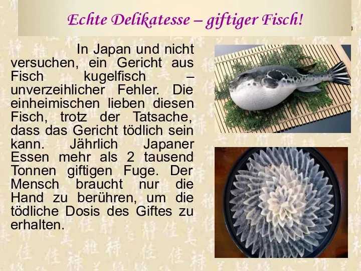 Echte Delikatesse – giftiger Fisch! In Japan und nicht versuchen, ein