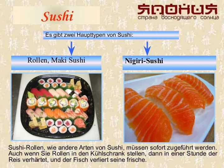 Sushi Es gibt zwei Haupttypen von Sushi: Rollen, Maki Sushi Sushi-Rollen,