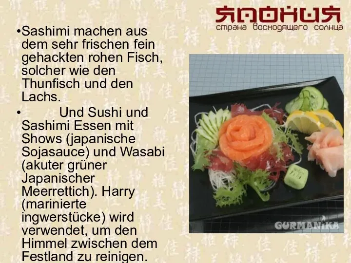 Sashimi machen aus dem sehr frischen fein gehackten rohen Fisch, solcher