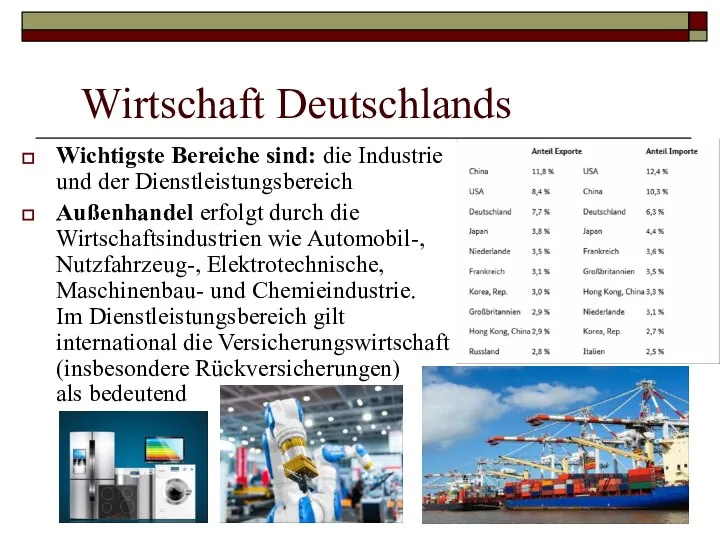 Wirtschaft Deutschlands Wichtigste Bereiche sind: die Industrie und der Dienstleistungsbereich Außenhandel