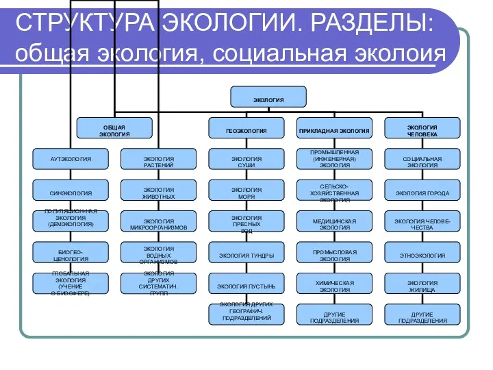 СТРУКТУРА ЭКОЛОГИИ. РАЗДЕЛЫ: общая экология, социальная эколоия