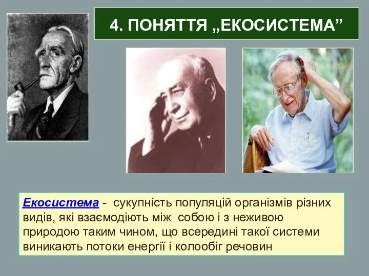 4. ПОНЯТТЯ „ЕКОСИСТЕМА” Екосистема - сукупність популяцій організмів різних видів, які