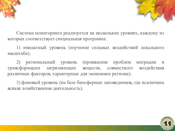 Система мониторинга реализуется на нескольких уровнях, каждому из которых соответствует специальная