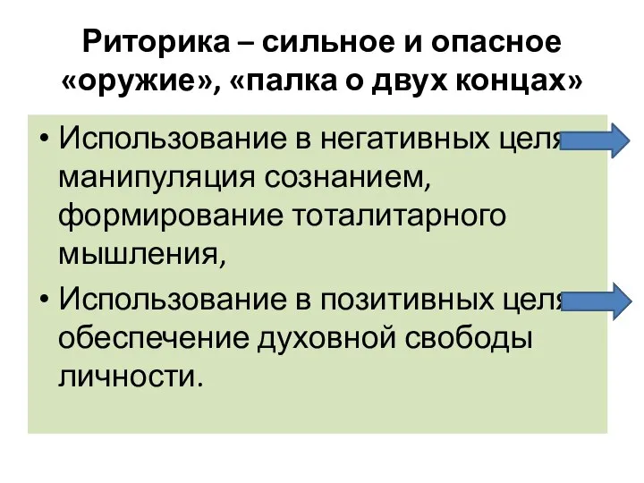 Риторика – сильное и опасное «оружие», «палка о двух концах» Использование