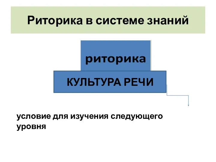 Риторика в системе знаний КУЛЬТУРА РЕЧИ условие для изучения следующего уровня