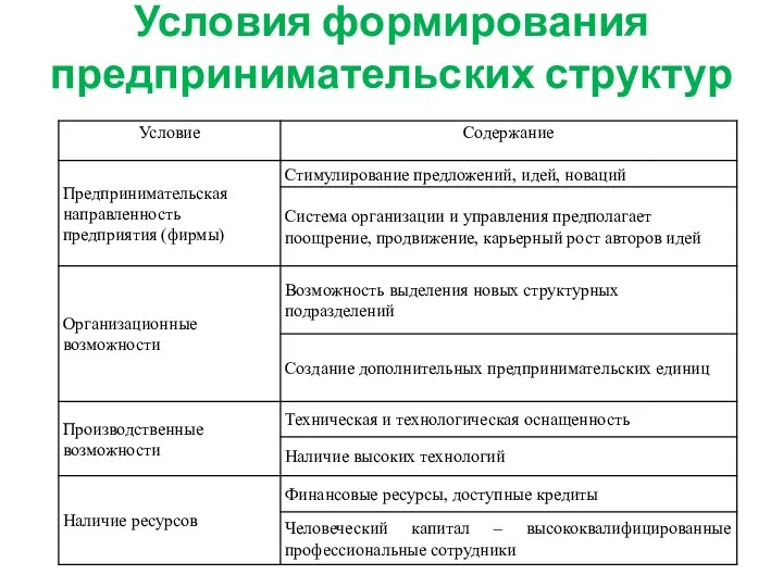 Условия формирования предпринимательских структур