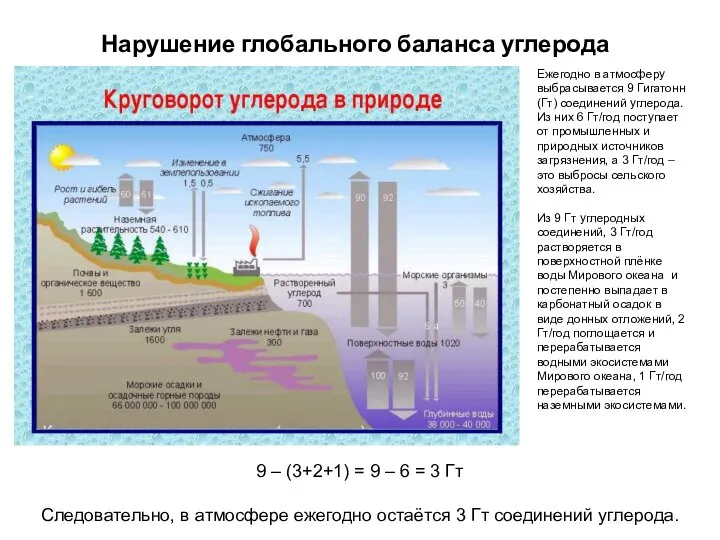 Нарушение глобального баланса углерода Ежегодно в атмосферу выбрасывается 9 Гигатонн (Гт)