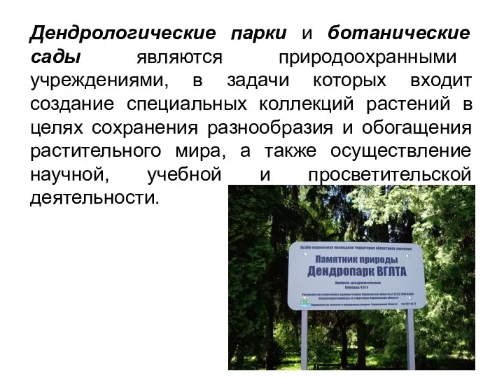 Дендрологические парки и ботанические сады являются природоохранными учреждениями, в задачи которых