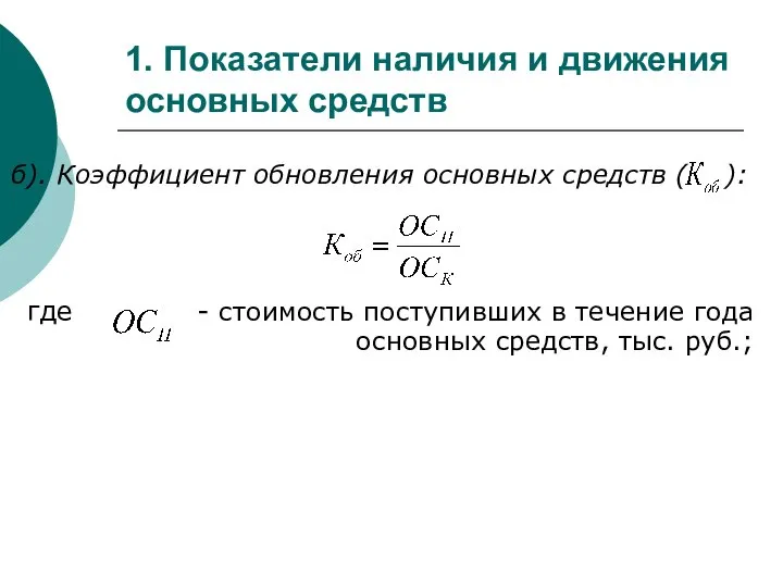 1. Показатели наличия и движения основных средств б). Коэффициент обновления основных