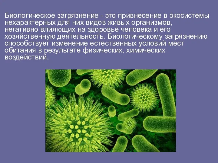 Биологическое загрязнение - это привнесение в экосистемы нехарактерных для них видов