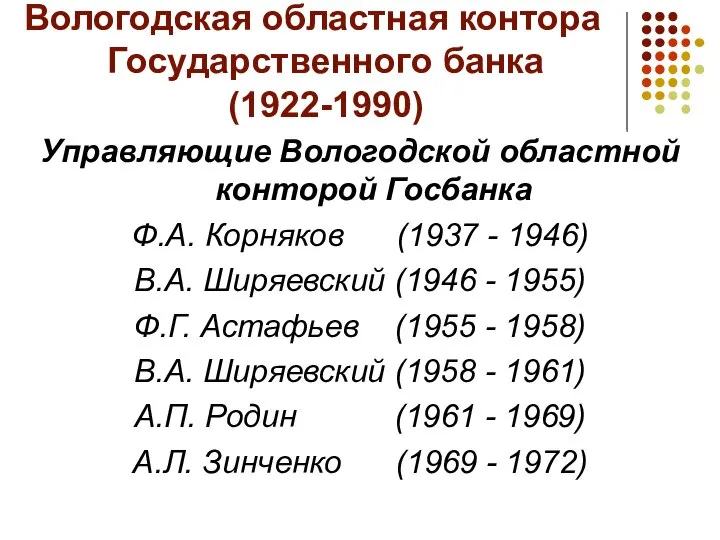 Вологодская областная контора Государственного банка (1922-1990) Управляющие Вологодской областной конторой Госбанка