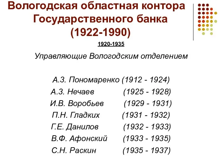 Вологодская областная контора Государственного банка (1922-1990) 1920-1935 Управляющие Вологодским отделением А.3.