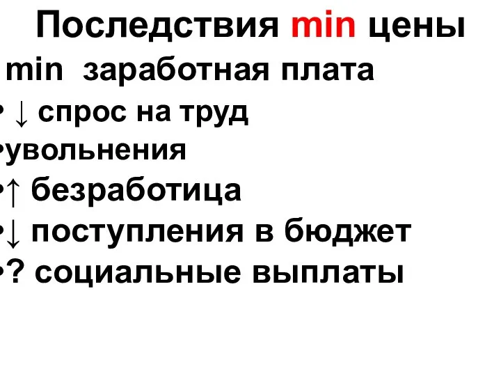 Последствия min цены min заработная плата ↓ спрос на труд увольнения