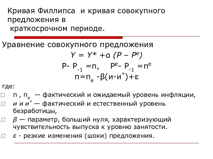 Кривая Филлипса и кривая совокупного предложения в краткосрочном периоде. Уравнение совокупного