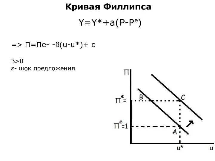 Кривая Филлипса Y=Y*+a(P-Pe) => П=Пе- -ß(u-u*)+ ε ß>0 ε- шок предложения