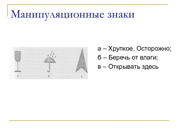 Манипуляционные знаки а – Хрупкое. Осторожно; б – Беречь от влаги; в – Открывать здесь