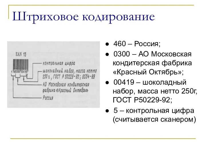 Штриховое кодирование ● 460 – Россия; ● 0300 – АО Московская