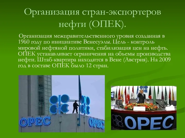 Организация стран-экспортеров нефти (ОПЕК). Организация межправительственного уровня созданная в 1960 году