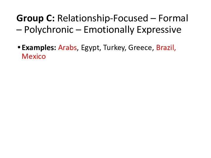 Group C: Relationship-Focused – Formal – Polychronic – Emotionally Expressive Examples: