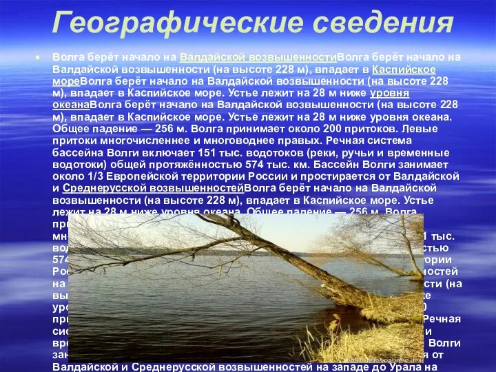 Географические сведения Волга берёт начало на Валдайской возвышенностиВолга берёт начало на